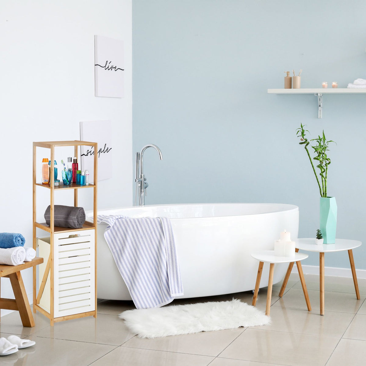 Bathroom shelf with laundry basket