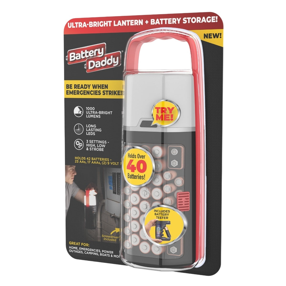 Battery Organizer with Lantern & Tester, Holds 42 Batteries