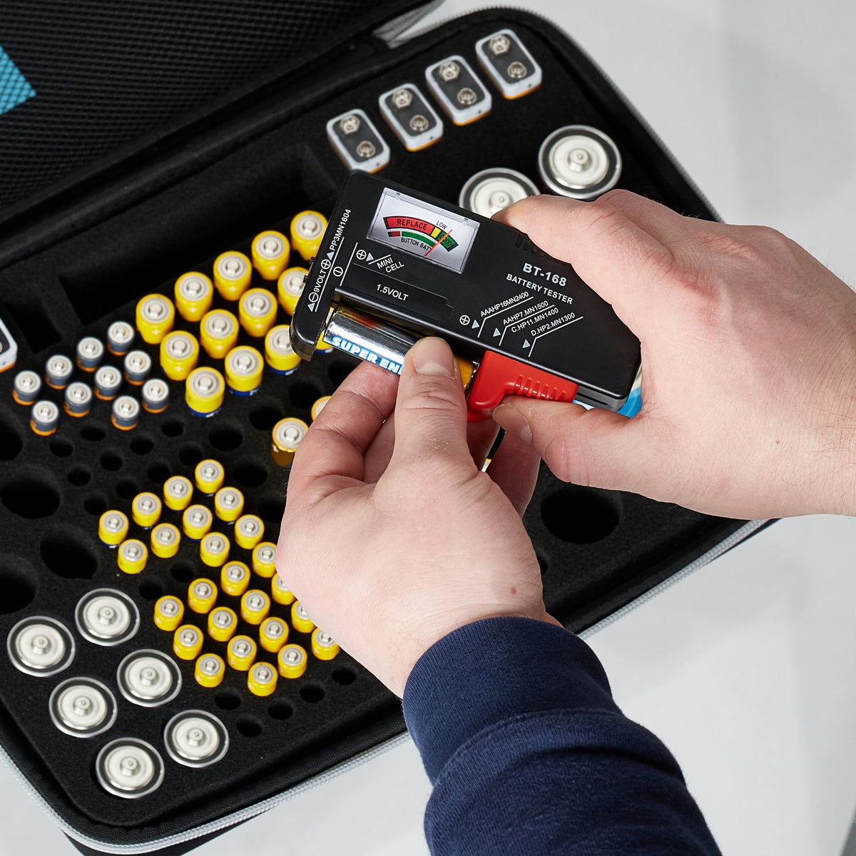 Battery case with tester