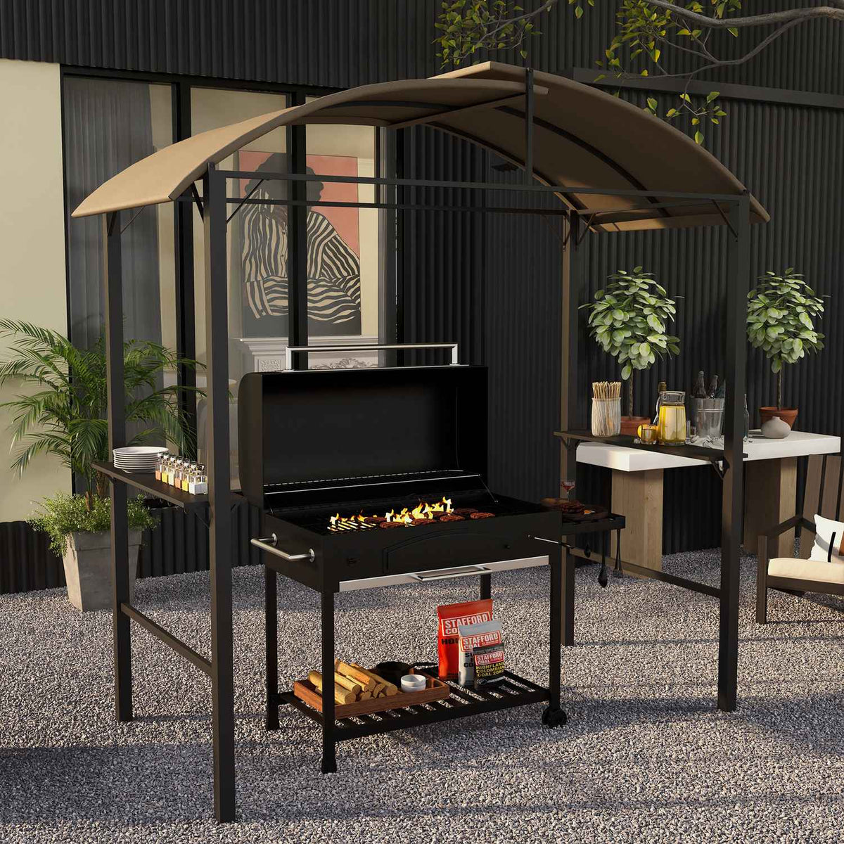 Bbq Grill Pavilion 1.1 X 2.3M Weatherproof Garden Gazebo With Polyester Roof, Side Shelves, For Grills Up To 100 Cm, Steel, Khaki