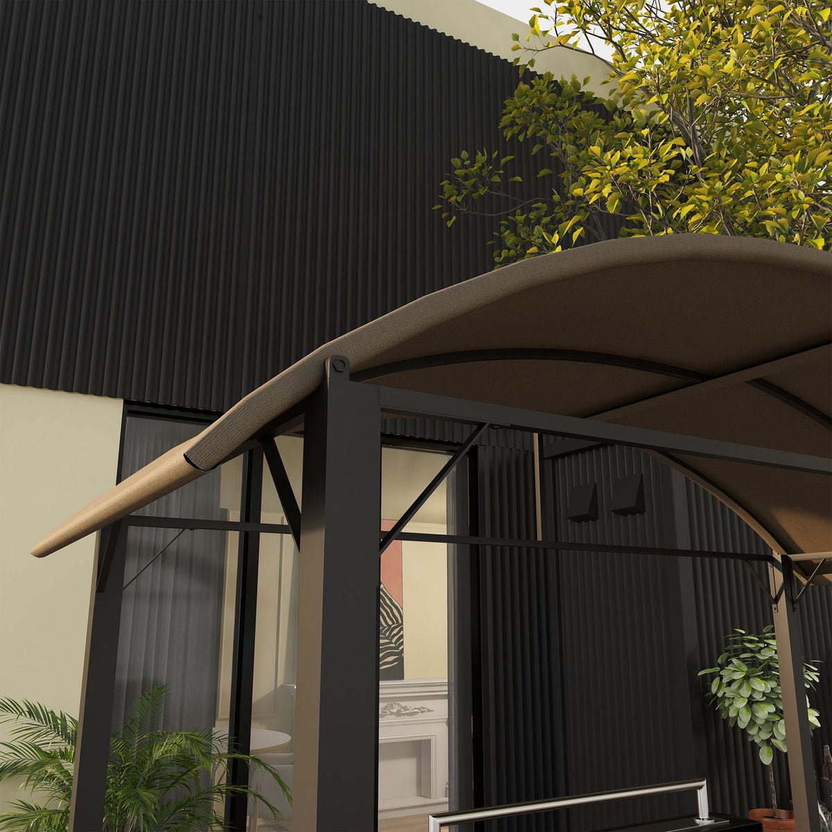 Bbq Grill Pavilion 1.1 X 2.3M Weatherproof Garden Gazebo With Polyester Roof, Side Shelves, For Grills Up To 100 Cm, Steel, Khaki