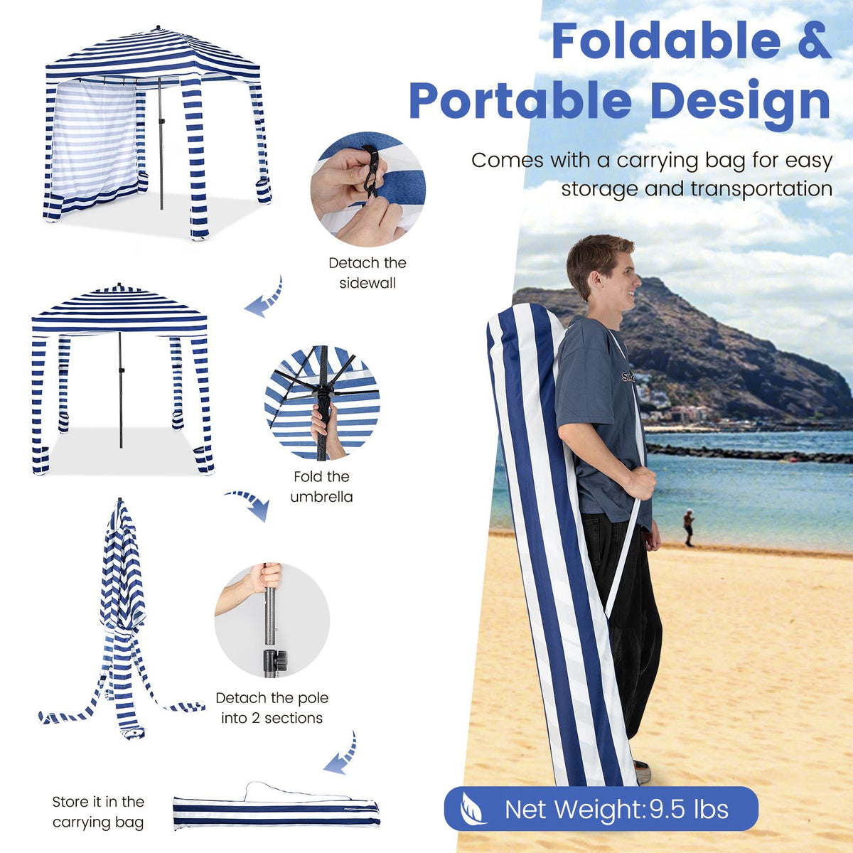 Beach Cabana Tent 6x6 Ft, Detachable Sidewall, Bag