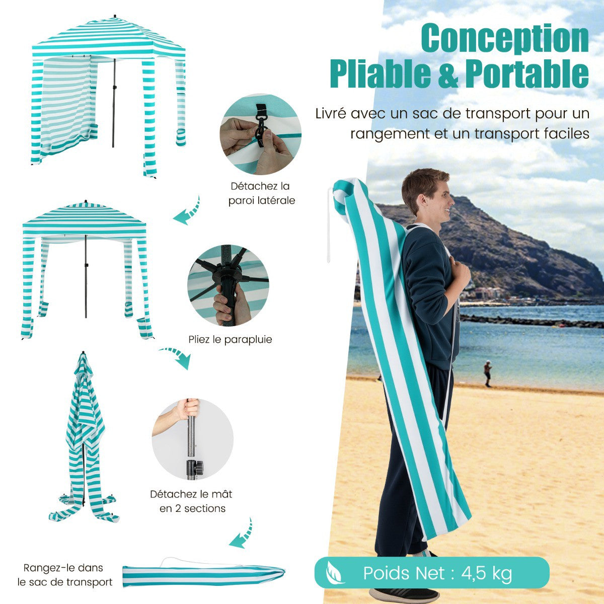 Beach Canopy Tent 183x183cm, Removable Side Wall