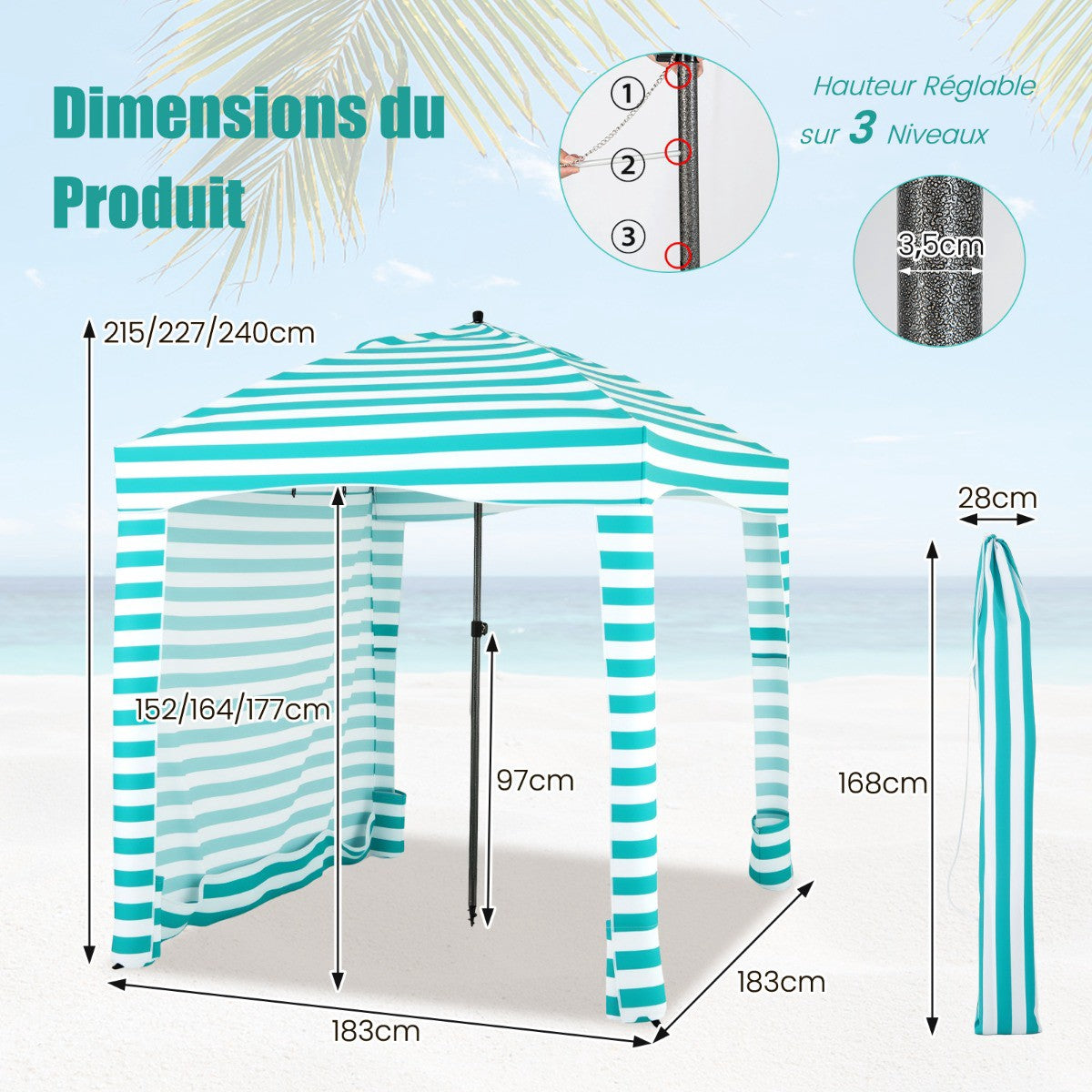 Beach Canopy Tent 183x183cm, Removable Side Wall