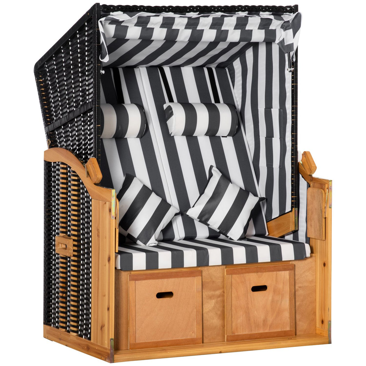 Beach Chair Double Lounger Roof Cup Holder 5-Tier Backrest Pe Rattan Gray + White 118X79X160Cm