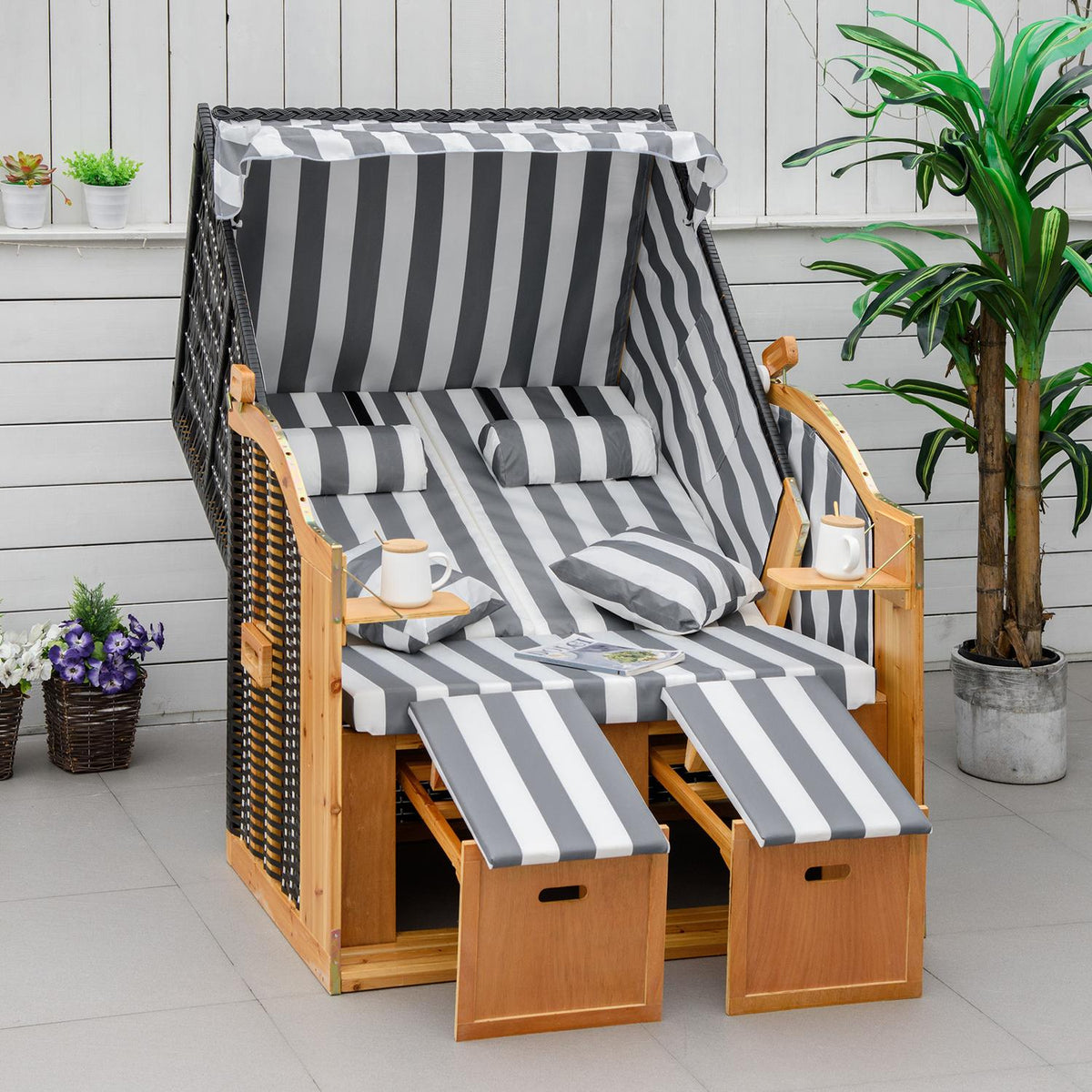 Beach Chair Double Lounger Roof Cup Holder 5-Tier Backrest Pe Rattan Gray + White 118X79X160Cm