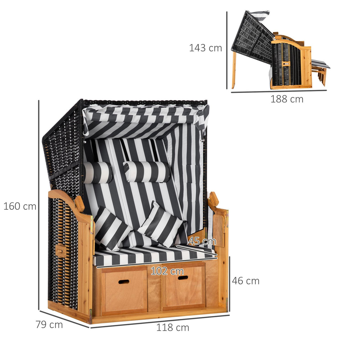 Beach Chair Double Lounger Roof Cup Holder 5-Tier Backrest Pe Rattan Gray + White 118X79X160Cm