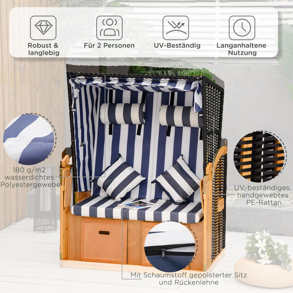 Beach Chair Double Sun Lounger With Roof Double Lounger With Cup Holders Chaise Longue 5 Tier Backrest Pe Rattan 118 X 79 X 160 Cm