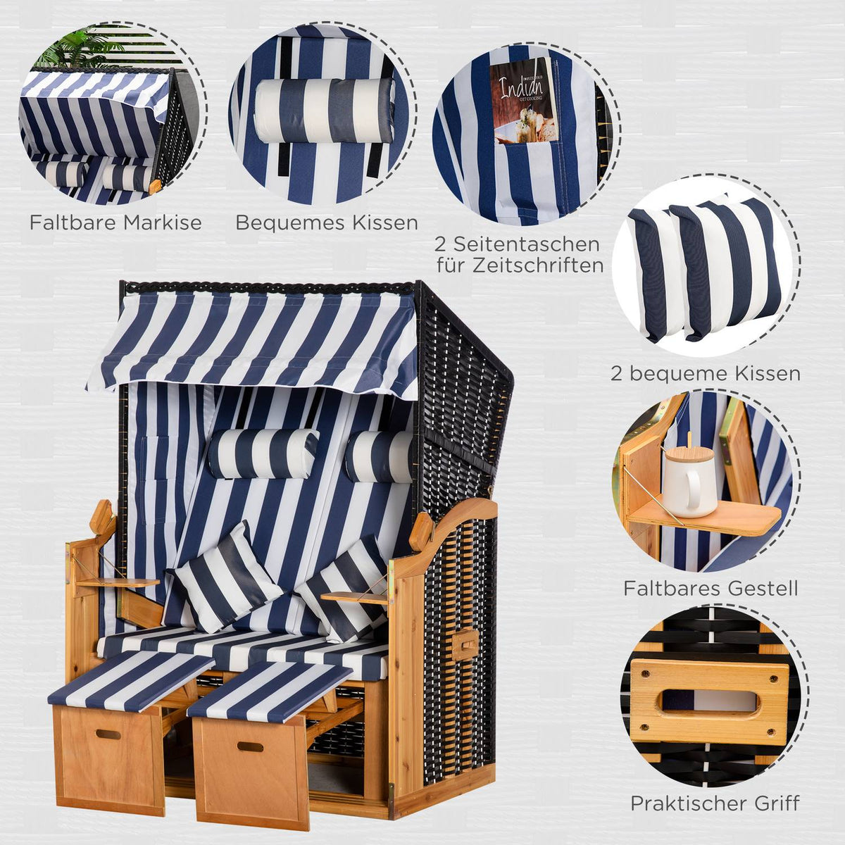 Beach Chair Double Sun Lounger With Roof Double Lounger With Cup Holders Chaise Longue 5 Tier Backrest Pe Rattan 118 X 79 X 160 Cm