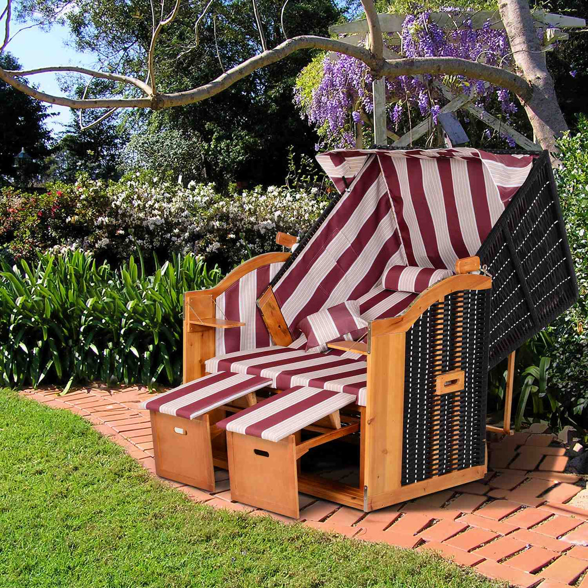 Beach Chair Double Sun Lounger With Roof Double Lounger With Drink Holders Chaise Longue 5-Tier Backrest Pe Rattan Red+White 118X79X160Cm
