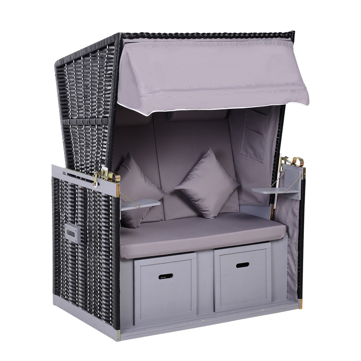 Beach Chair Full Recliner Double Sun Lounger With Roof Garden Lounger Cup Holder Chaise Lounge Pe Rattan Gray 118 X 79 X 50 Cm