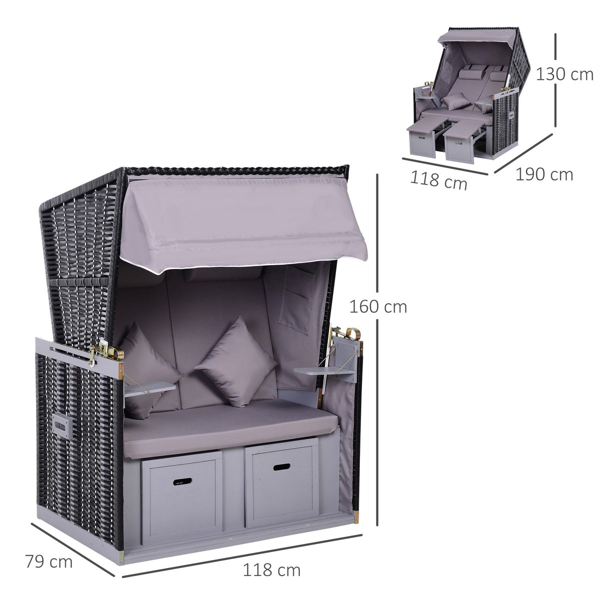 Beach Chair Full Recliner Double Sun Lounger With Roof Garden Lounger Cup Holder Chaise Lounge Pe Rattan Gray 118 X 79 X 50 Cm