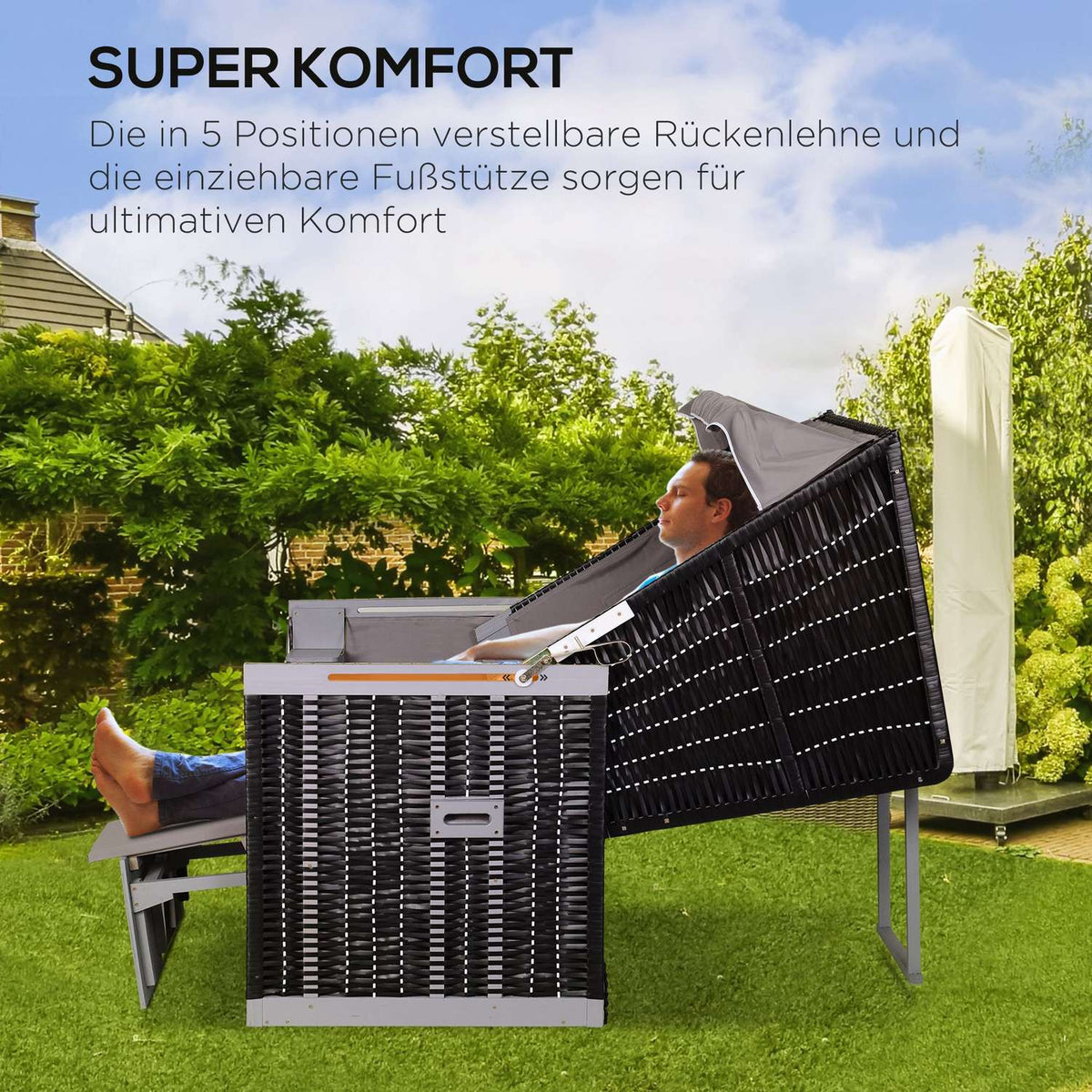 Beach Chair Full Recliner Double Sun Lounger With Roof Garden Lounger Cup Holder Chaise Lounge Pe Rattan Gray 118 X 79 X 50 Cm