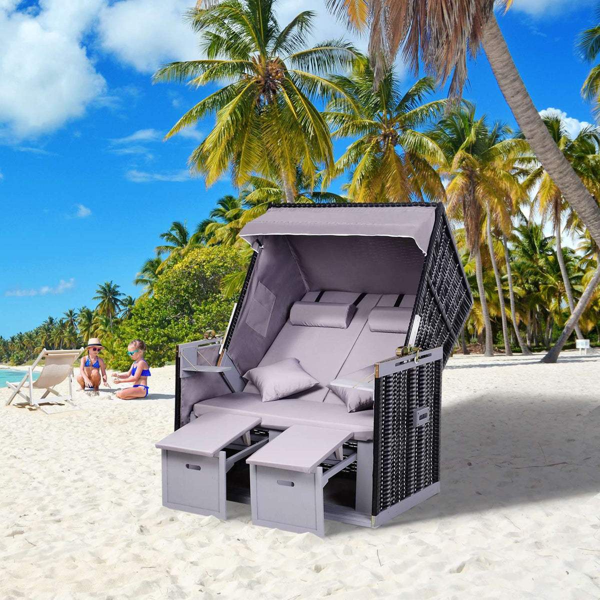 Beach Chair Full Recliner Double Sun Lounger With Roof Garden Lounger Cup Holder Chaise Lounge Pe Rattan Gray 118 X 79 X 50 Cm