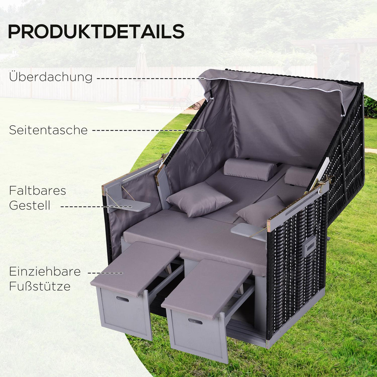 Beach Chair Full Recliner Double Sun Lounger With Roof Garden Lounger Cup Holder Chaise Lounge Pe Rattan Gray 118 X 79 X 50 Cm