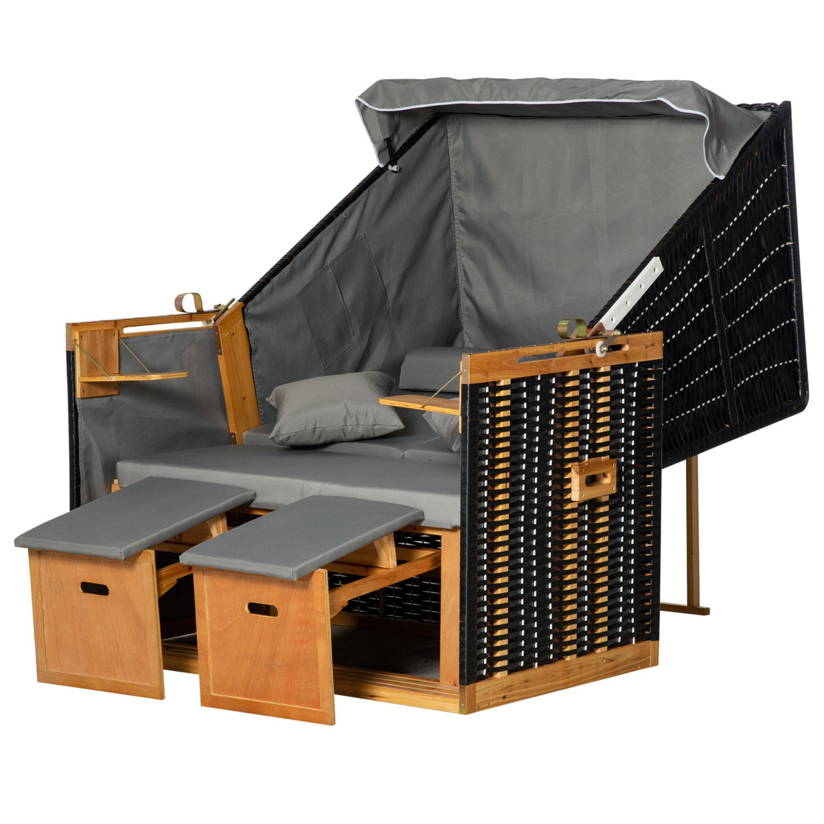 Beach Chair Full Reclining Garden Lounger With Cup Holders, Pe Rattan, Light Gray, 118X79X160Cm
