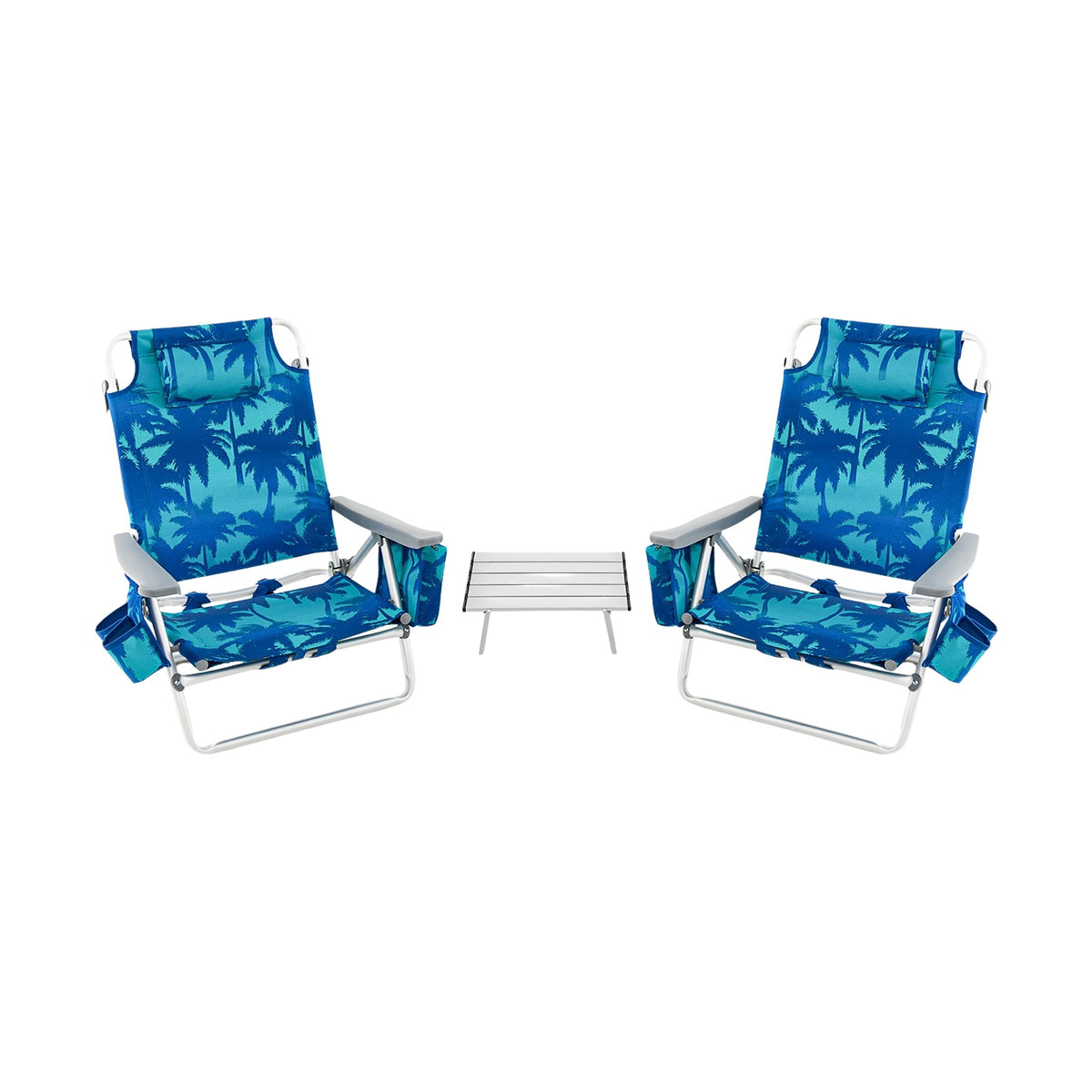 Beach Chair Set, 2 Pack Reclining Backpack Chairs With Table