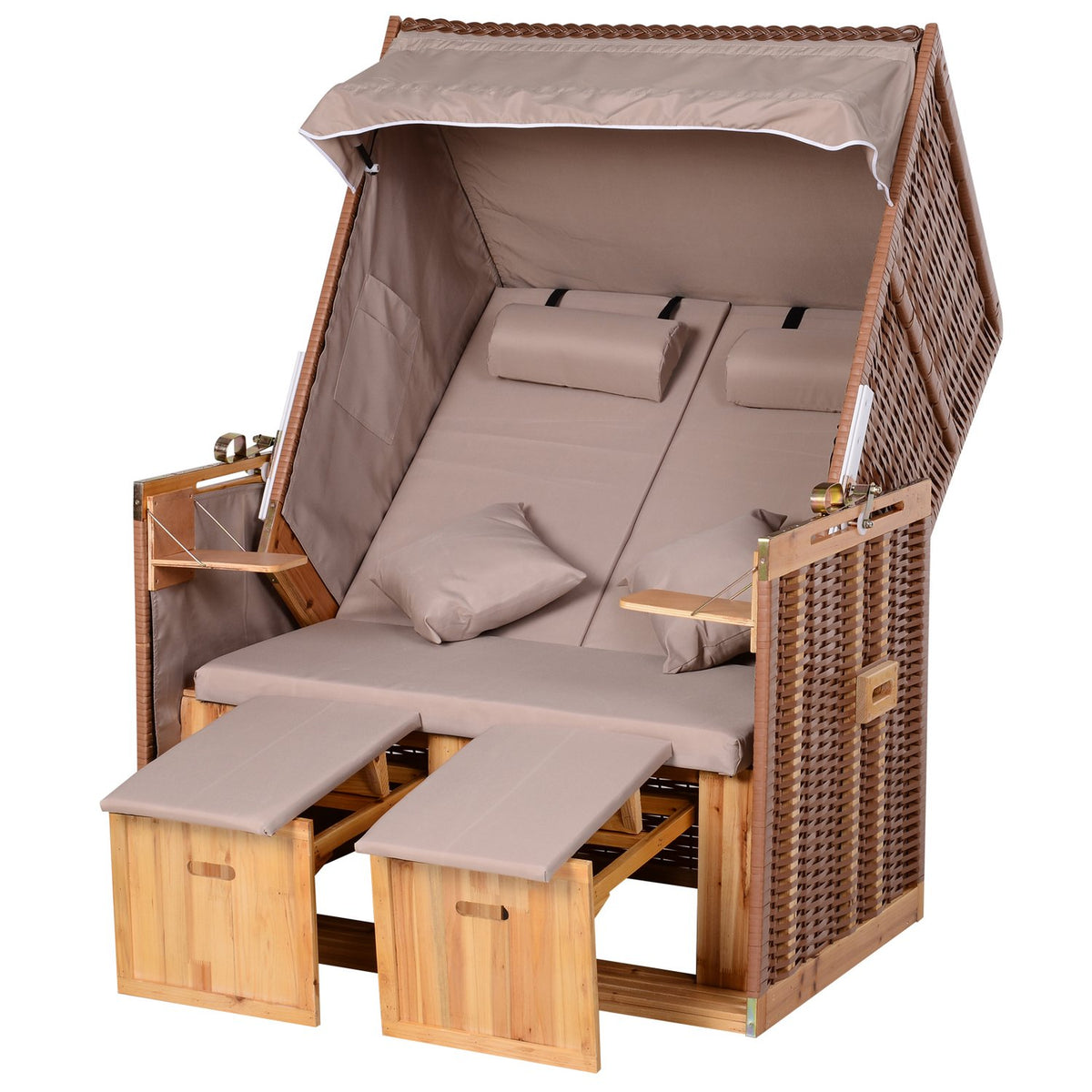 Beach Chair With Stool And Folding Table, Full Lounger, Garden Lounger, Drink Holders, Pe Rattan, Beige, 118 X 79 X 160 Cm