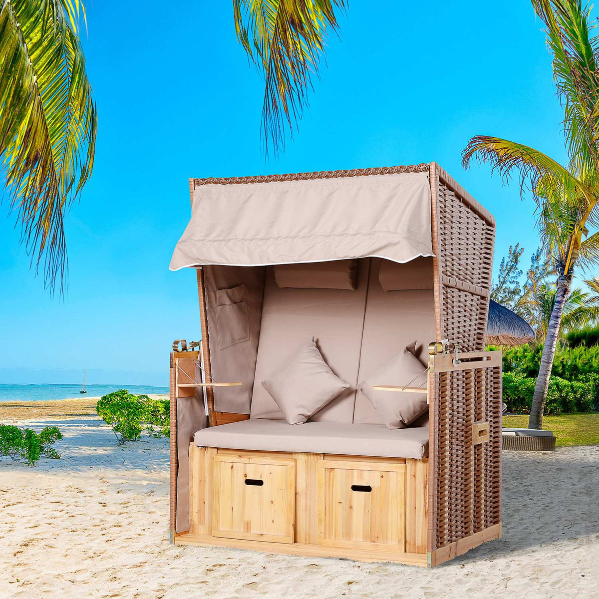 Beach Chair With Stool And Folding Table, Full Lounger, Garden Lounger, Drink Holders, Pe Rattan, Beige, 118 X 79 X 160 Cm