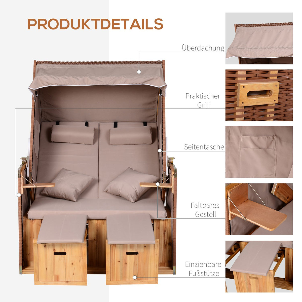 Beach Chair With Stool And Folding Table, Full Lounger, Garden Lounger, Drink Holders, Pe Rattan, Beige, 118 X 79 X 160 Cm