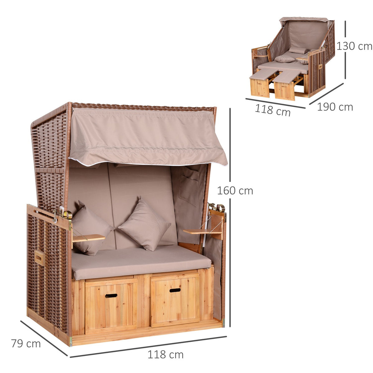 Beach Chair With Stool And Folding Table, Full Lounger, Garden Lounger, Drink Holders, Pe Rattan, Beige, 118 X 79 X 160 Cm