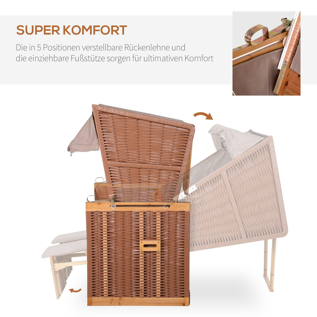 Beach Chair With Stool And Folding Table, Full Lounger, Garden Lounger, Drink Holders, Pe Rattan, Beige, 118 X 79 X 160 Cm