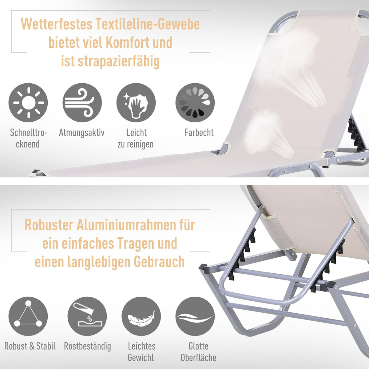 Beach Lounger Sun Lounger 5-Way Adjustable Aluminum Textline Beige 163X58.5X91Cm