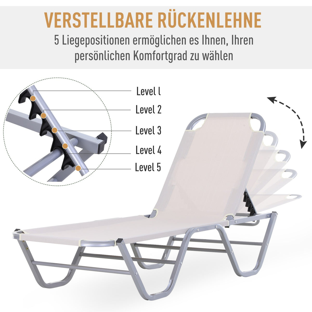 Beach Lounger Sun Lounger 5-Way Adjustable Aluminum Textline Beige 163X58.5X91Cm