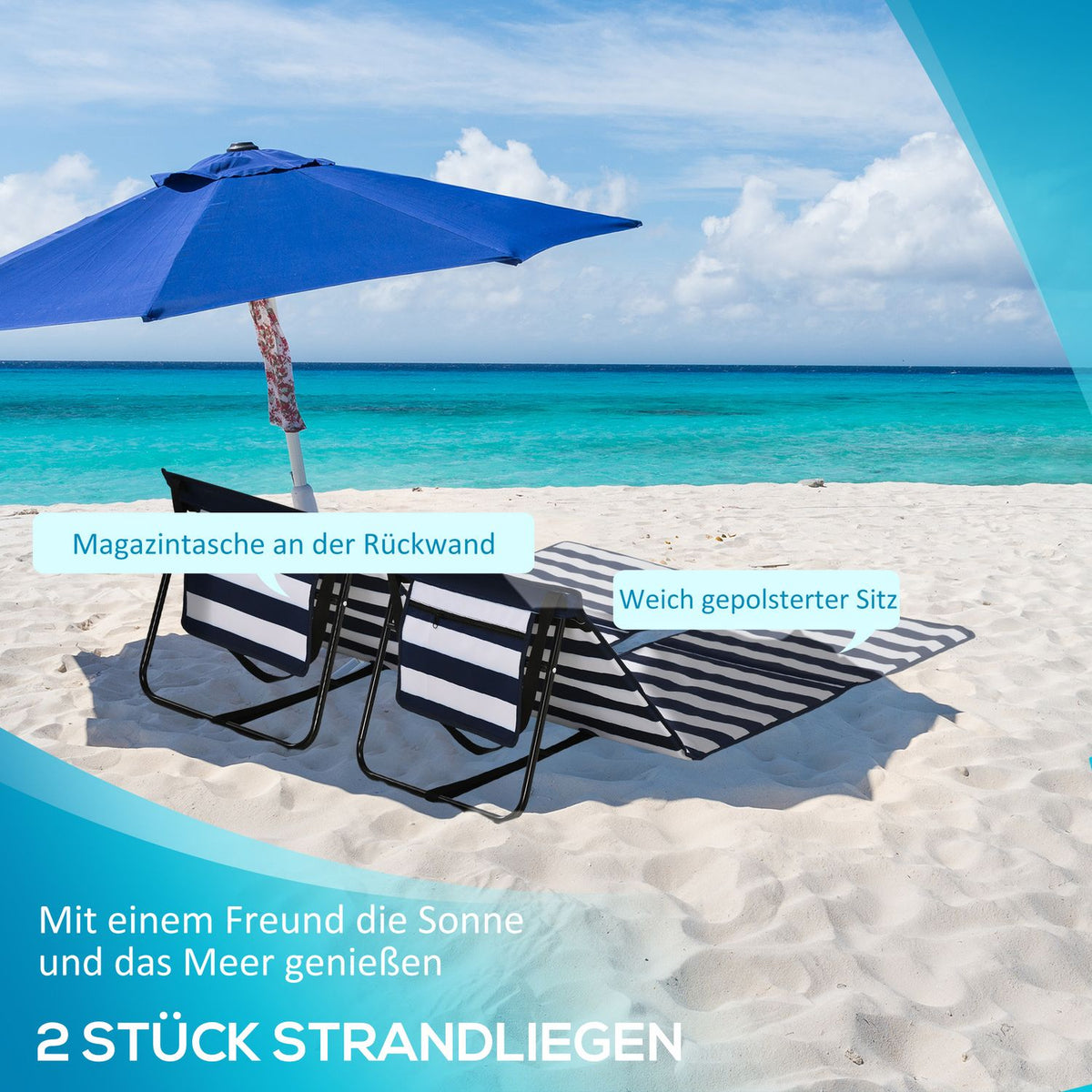 Beach Mat Set Of 2 Foldable Adjustable Carry Bag Magazine Bag Steel Oxford Blue + White