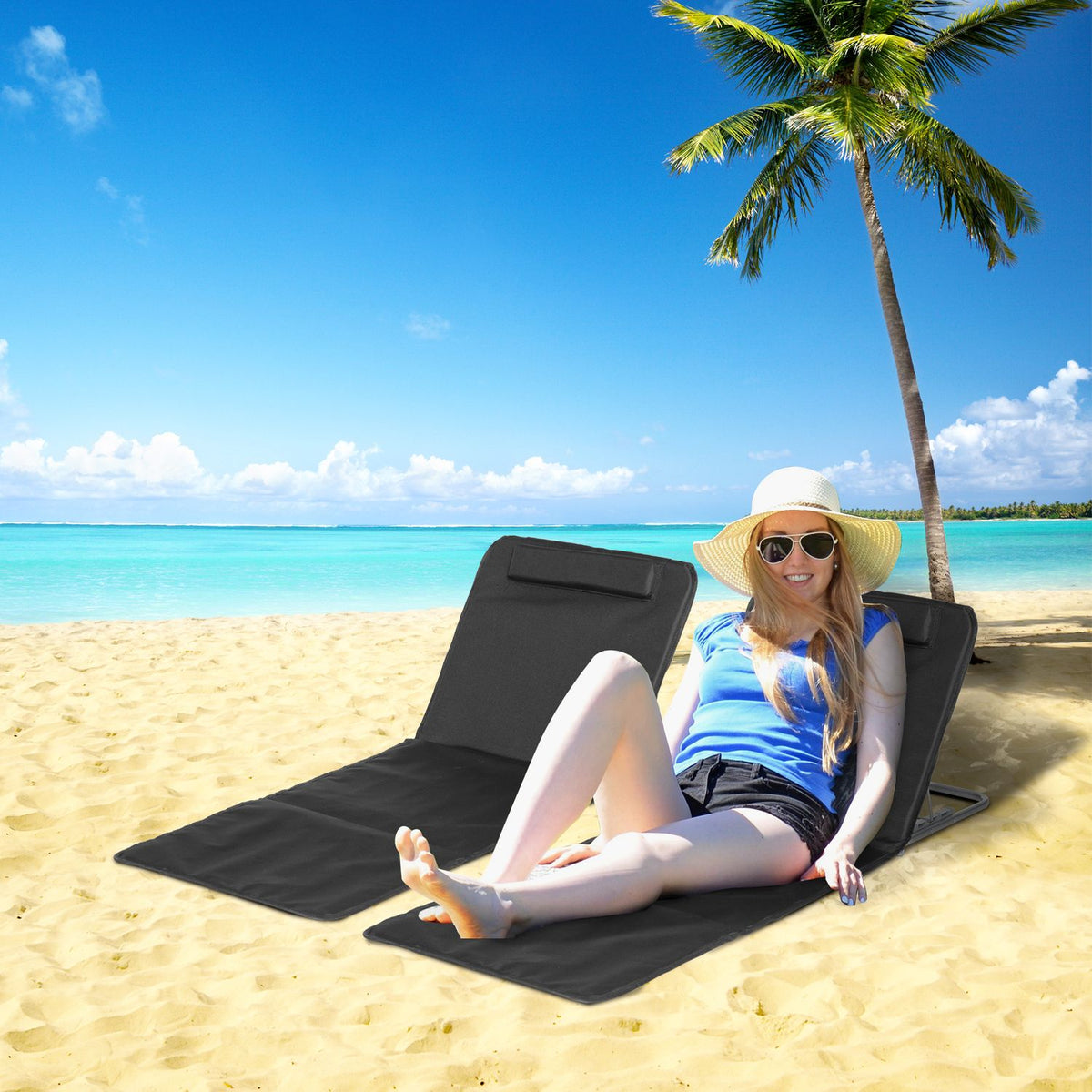 Beach Mat, Set Of 2 Foldable Beach Mattress, 5 Level Height Adjustable Beach Lounger With Carry Bag, Steel, Black, 134 X 48 X 33-43 Cm