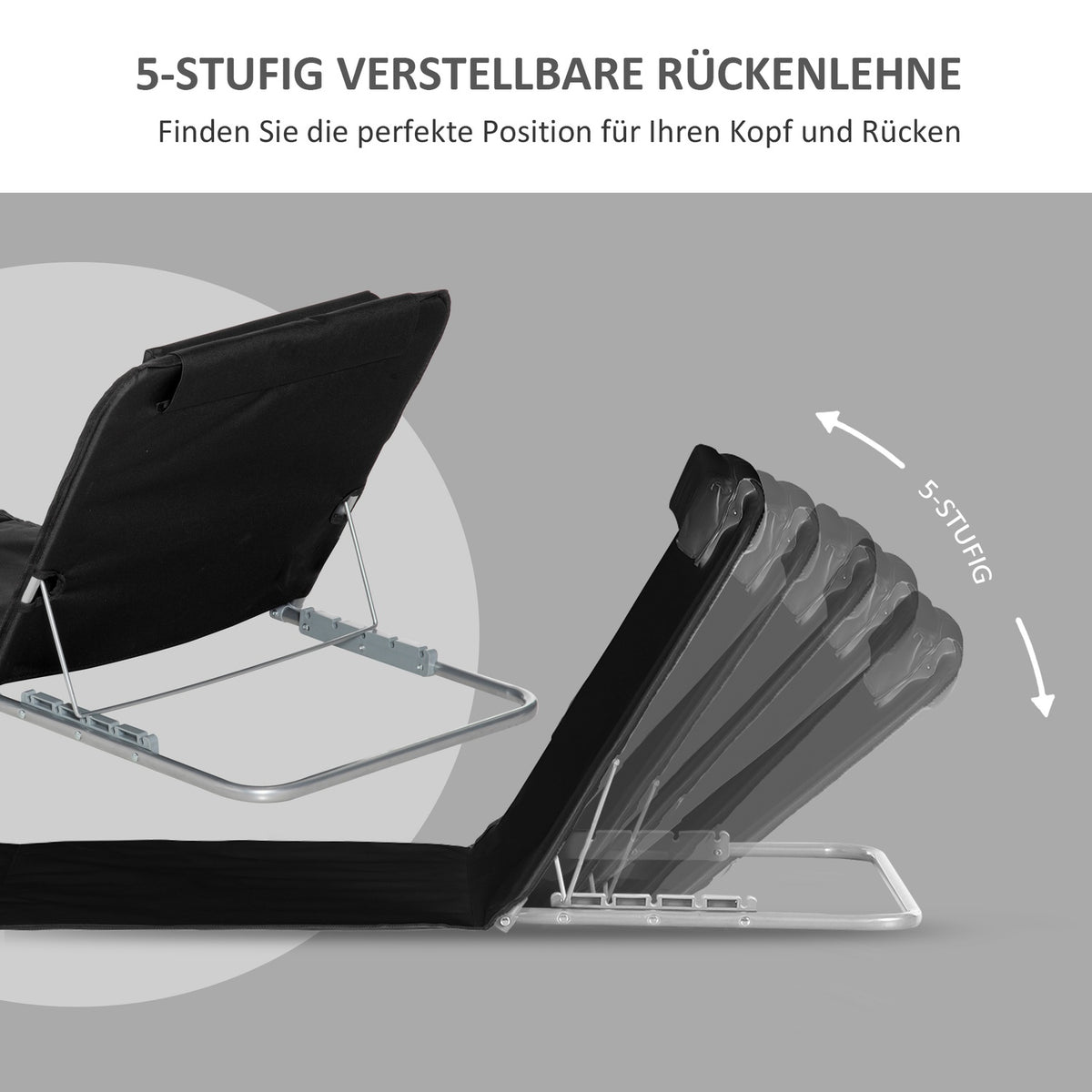 Beach Mat, Set Of 2 Foldable Beach Mattress, 5 Level Height Adjustable Beach Lounger With Carry Bag, Steel, Black, 134 X 48 X 33-43 Cm