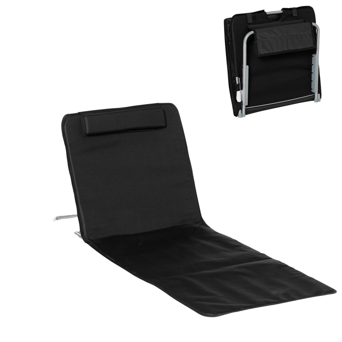 Beach Mat, Set Of 2 Foldable Beach Mattress, 5 Level Height Adjustable Beach Lounger With Carry Bag, Steel, Black, 134 X 48 X 33-43 Cm