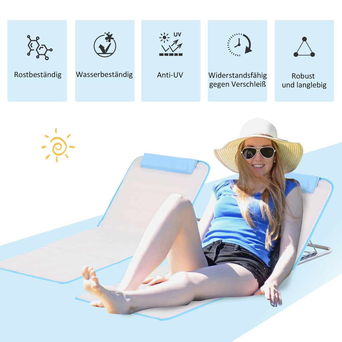 Beach Mattress Set Of 2 Foldable 5-Way Height Adjustable Steel Beige 134X48X33-43Cm