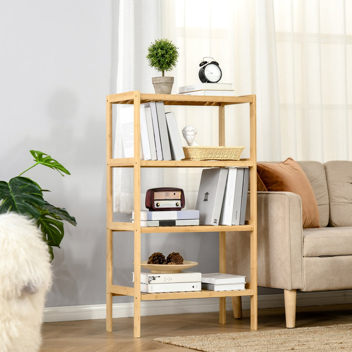 Beach Shelf 4 Tier Bamboo Bookshelf, Office Shelf, Storage Shelf, File Shelf, Kitchen Shelf, Natural, 62X33X112Cm