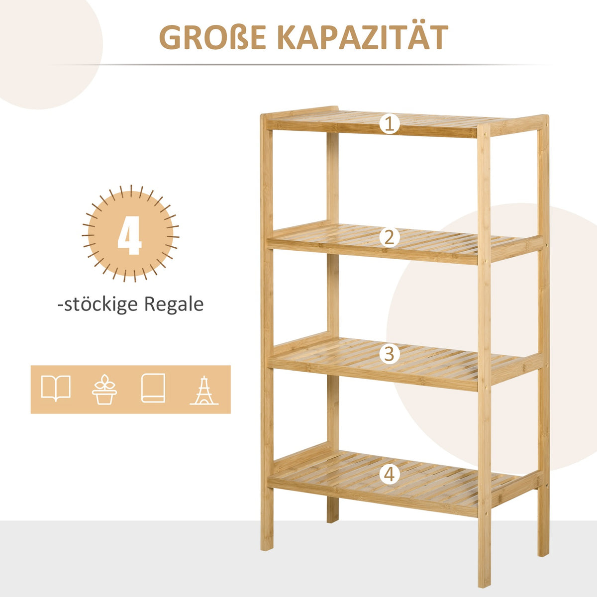 Beach Shelf 4 Tier Bamboo Bookshelf, Office Shelf, Storage Shelf, File Shelf, Kitchen Shelf, Natural, 62X33X112Cm