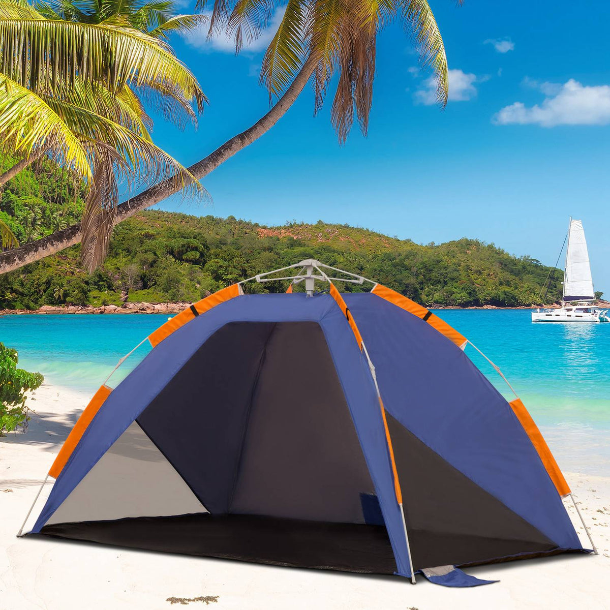 Beach Shelter Pop Up Camping Tent With Mesh Window, Carry Bag, For 2-3 People, Fiberglass, 210X140X120Cm