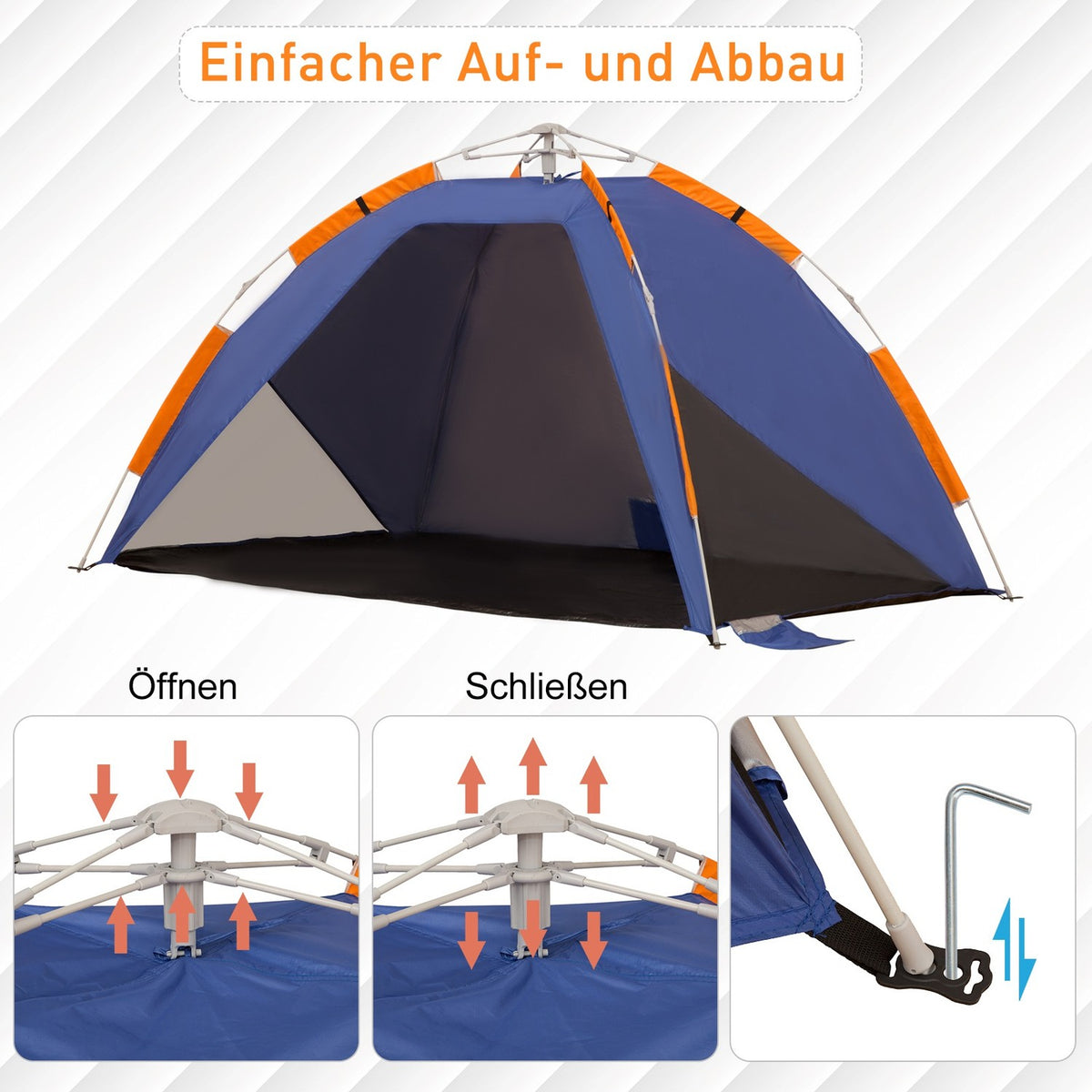 Beach Shelter Pop Up Camping Tent With Mesh Window, Carry Bag, For 2-3 People, Fiberglass, 210X140X120Cm