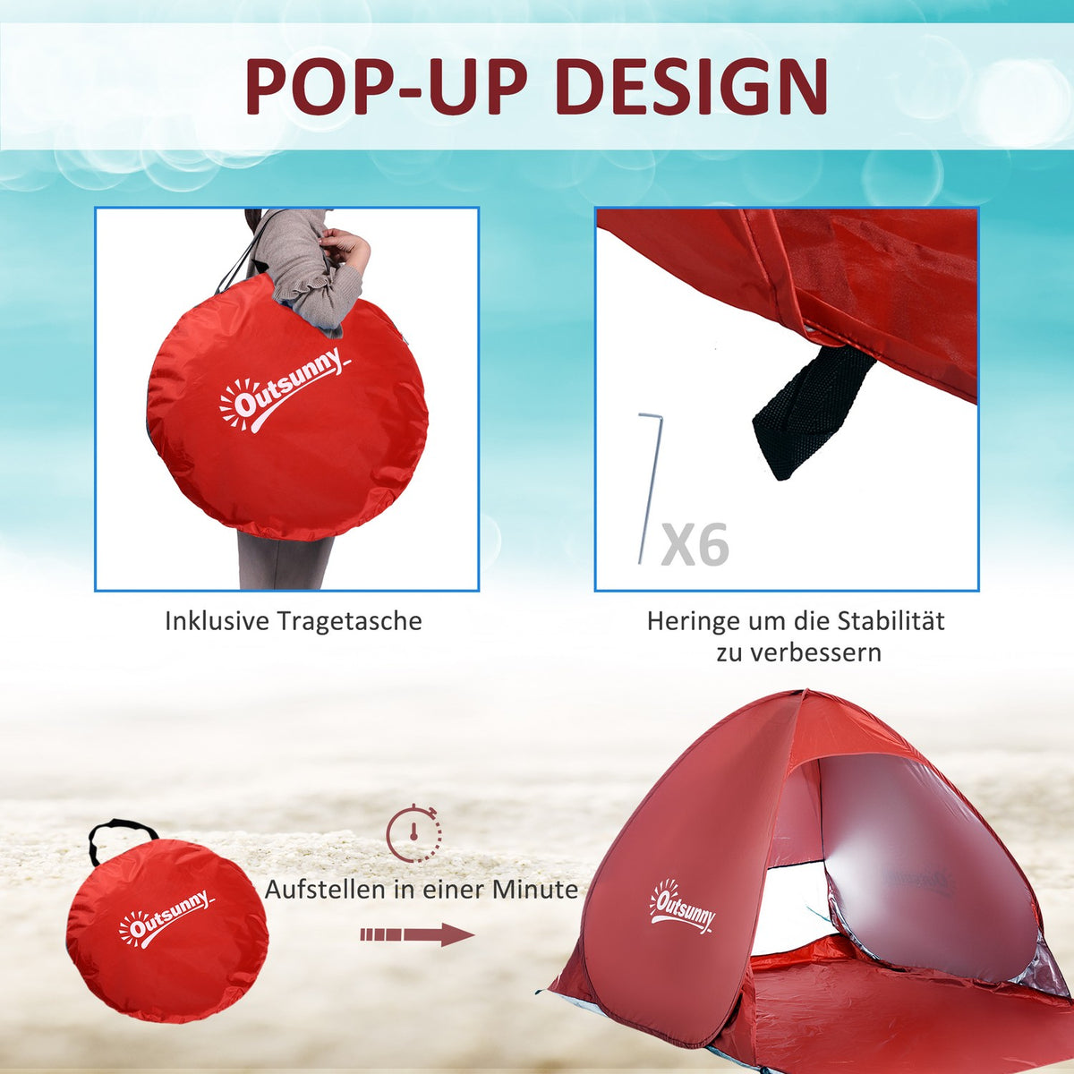 Beach Shelter Quick Assembly Beach Tent Pop Up Tent, Automatic, Polyester, Red, 200X150X119Cm