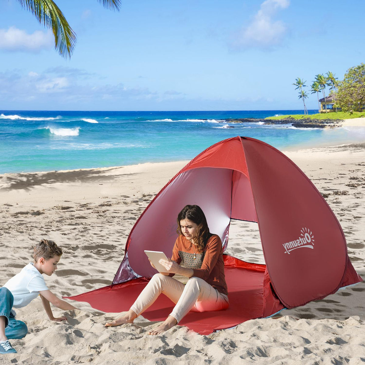 Beach Shelter Quick Assembly Beach Tent Pop Up Tent, Automatic, Polyester, Red, 200X150X119Cm
