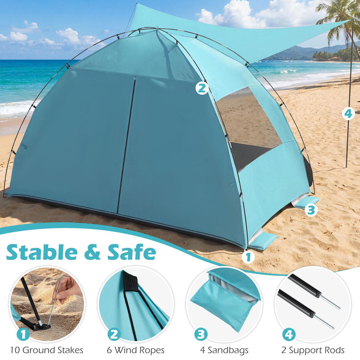 Beach Tent Sun Shelter, Pop-Up Canopy, UPF50+, 6-Person