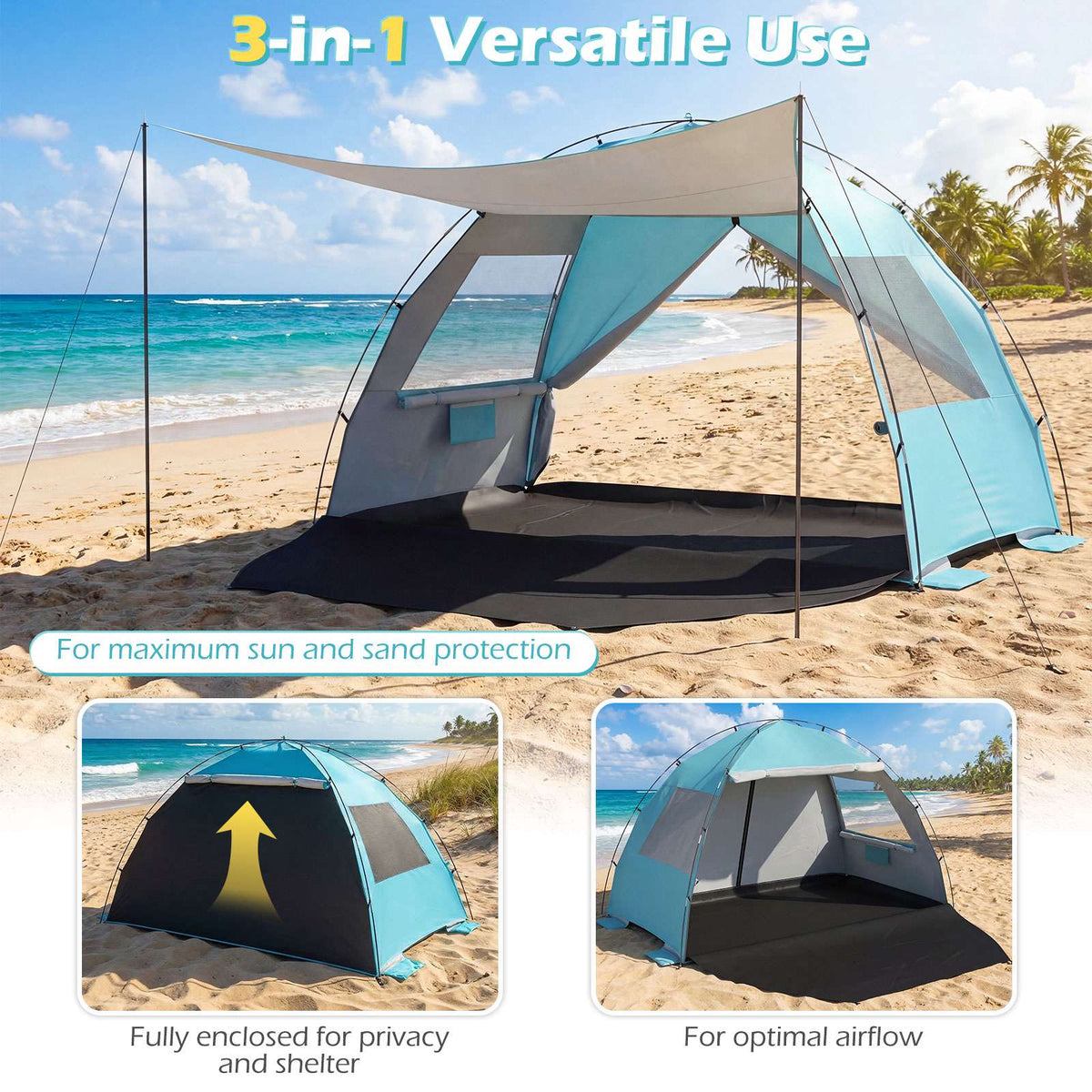 Beach Tent Sun Shelter, UPF50+, 3-4 Person, Extended Floor