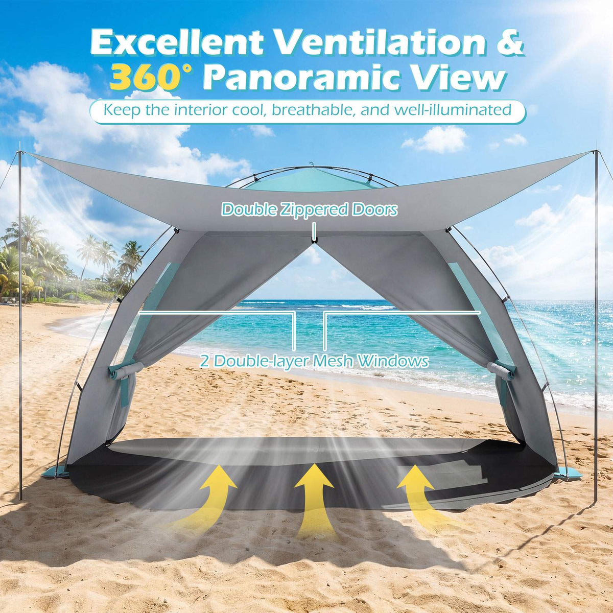 Beach Tent Sun Shelter, UPF50+, 3-4 Person, Extended Floor