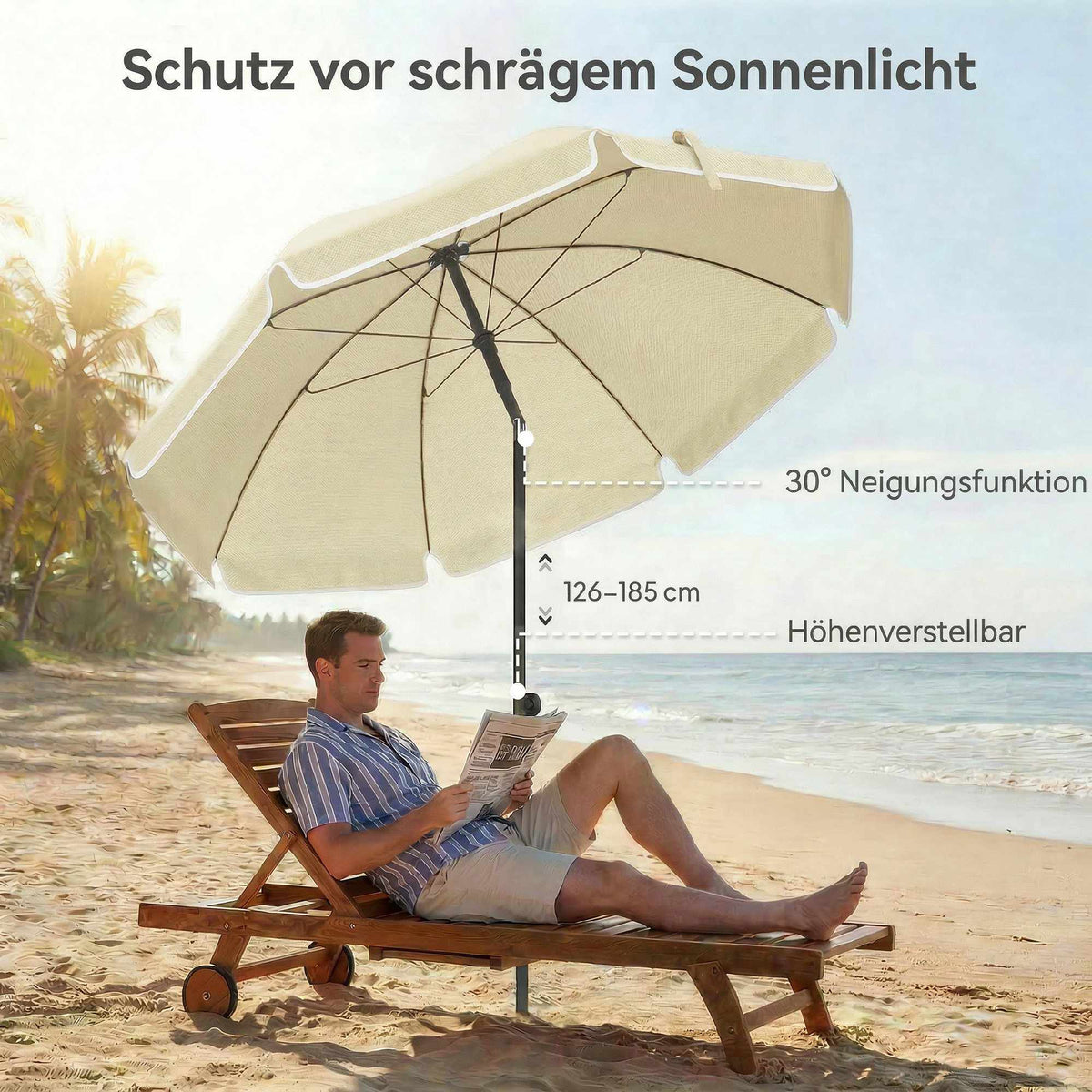 Beach Umbrella Ø150 cm, Adjustable Tilt, Sand Anchor, Beige