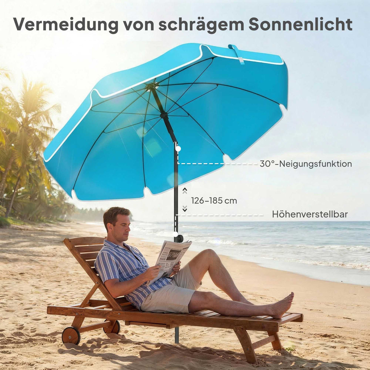 Beach Umbrella, 150cm, Adjustable Tilt, Sand Anchor, Blue