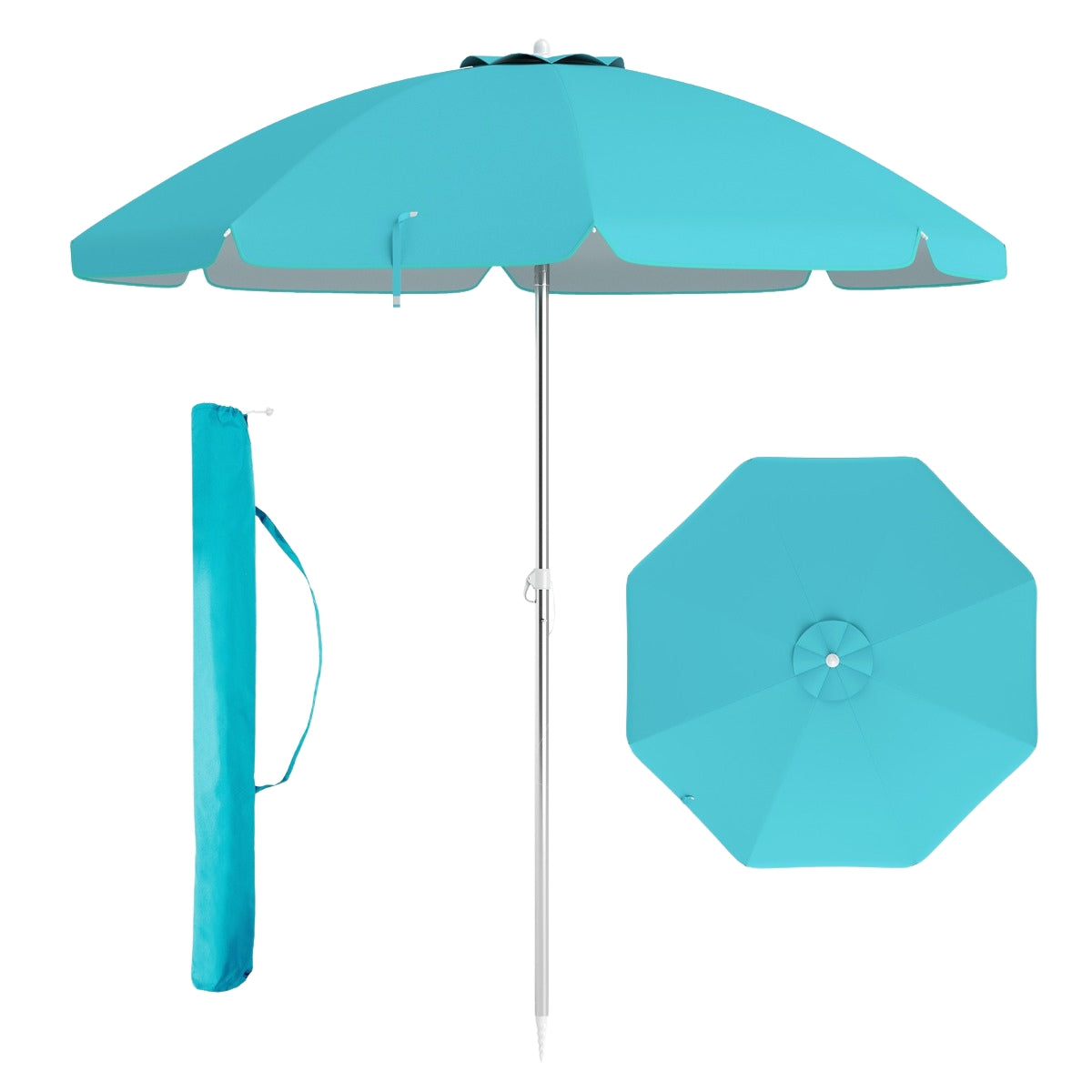Beach Umbrella 198cm, Push-Button Tilt, Sand Anchor Bag