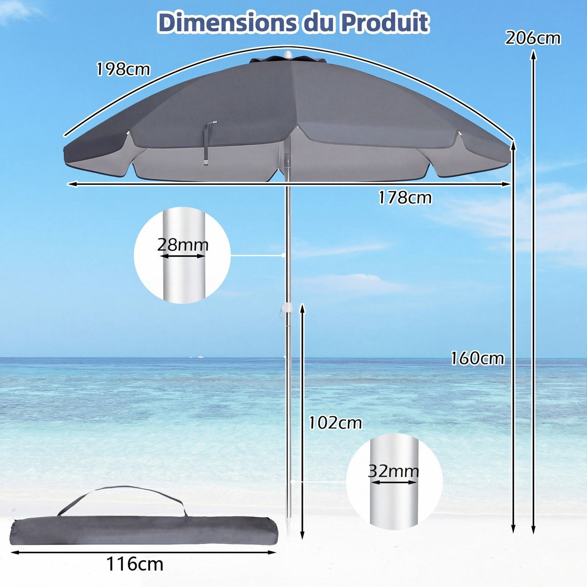 Beach Umbrella 198cm, Push-Button Tilt, Sand Anchor, Carry Bag