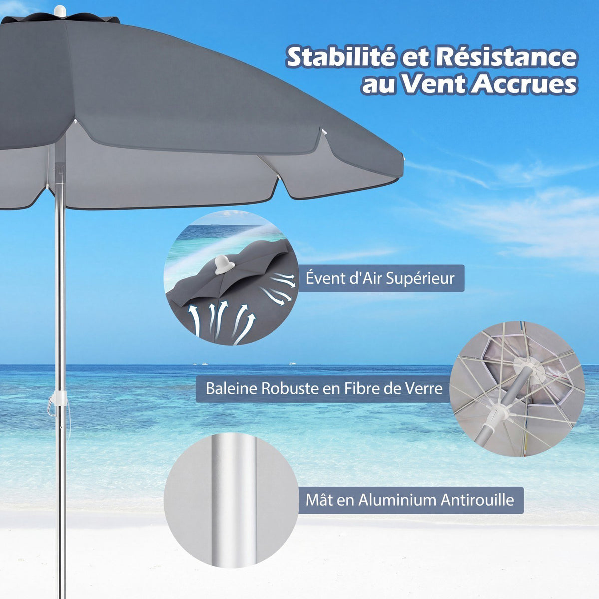 Beach Umbrella 198cm, Push-Button Tilt, Sand Anchor, Carry Bag