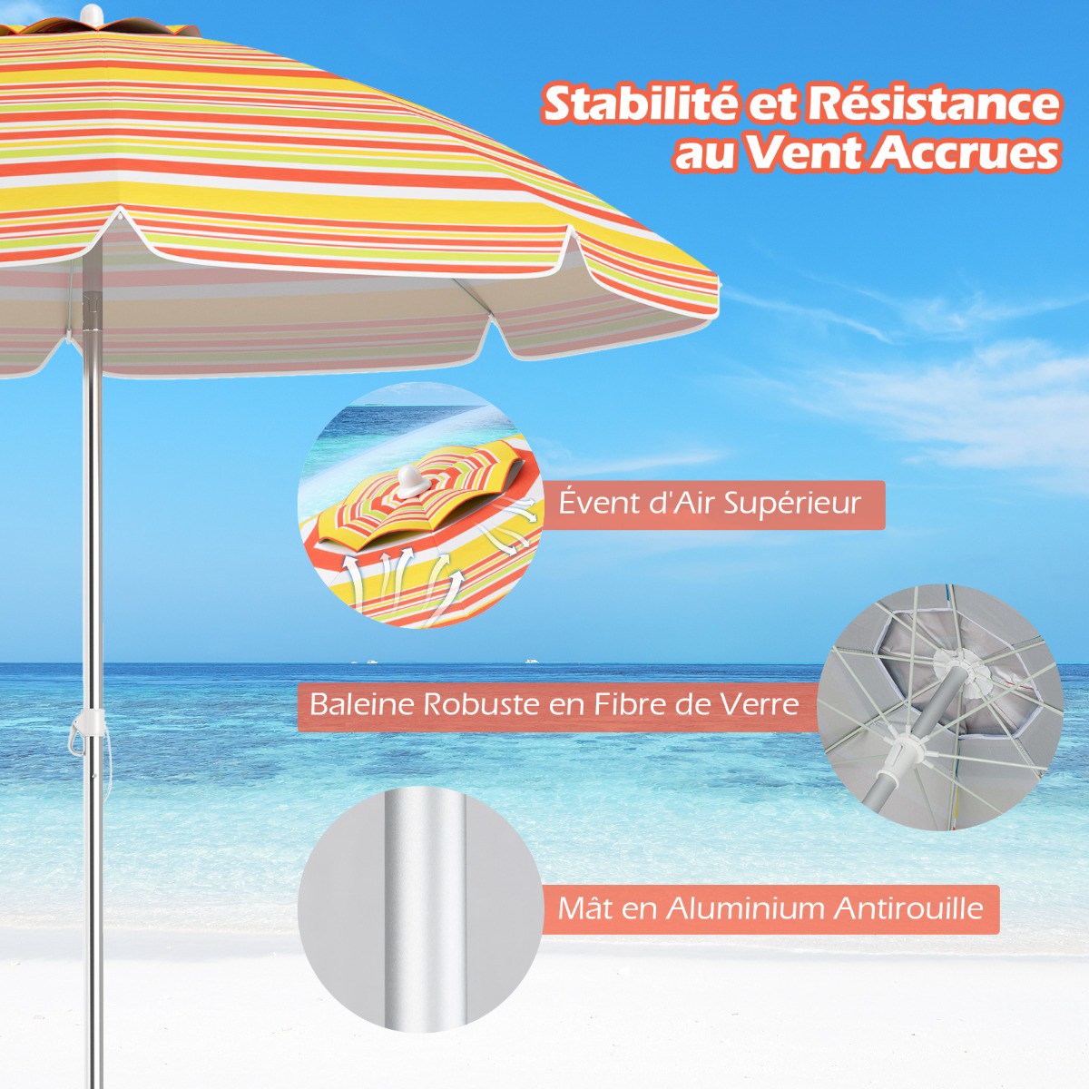 Beach Umbrella 198cm, Tilt, Sand Anchor, Carry Bag