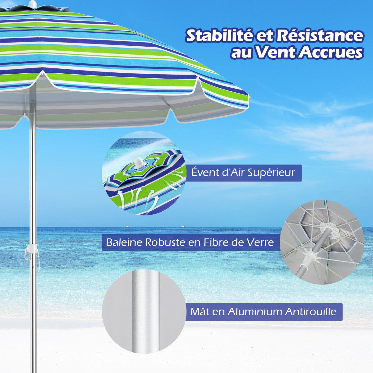 Beach Umbrella 198cm, Tilt, Sand Anchor, Carry Bag
