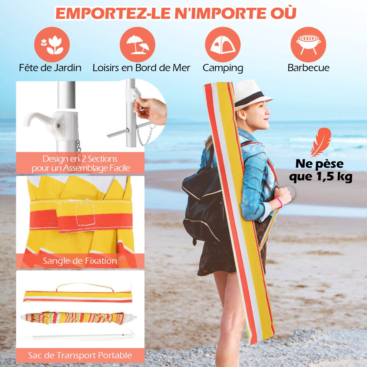 Beach Umbrella 198cm, Tilt, Sand Anchor, Carry Bag